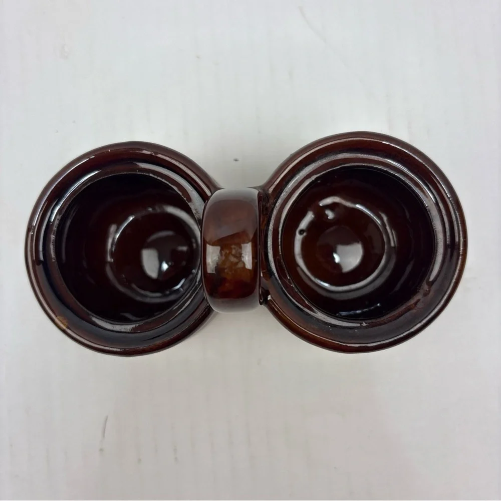 Vintage Brown Cream Stoneware Glazed Holder Double Condiment Sauce Dip Handle